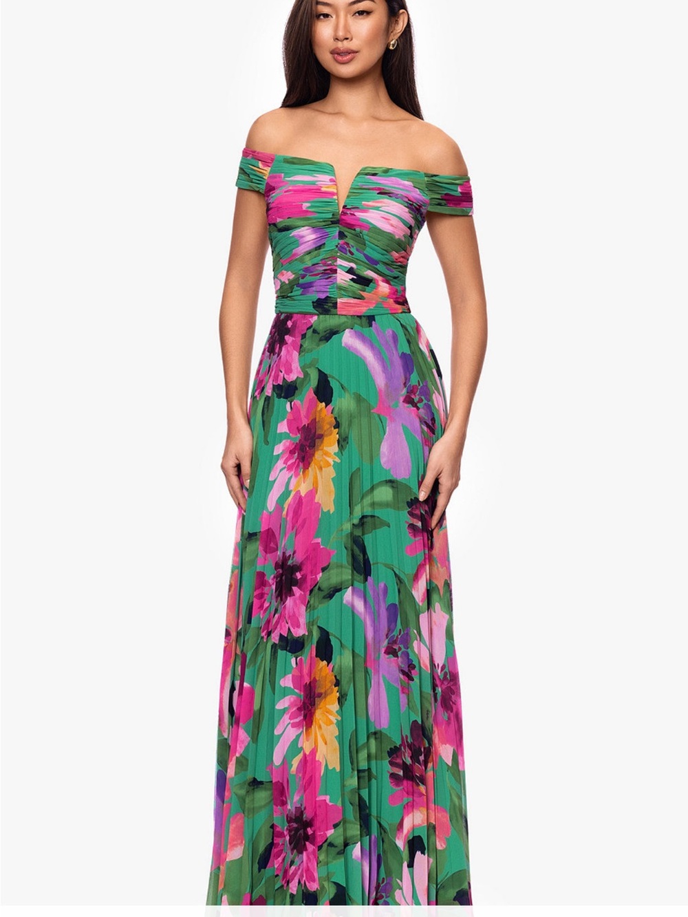 Off-Shoulder Green Floral Maxi Dress